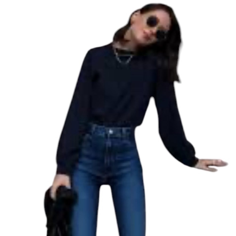 J. Brand black round neck snap front blouse rounded hem top M